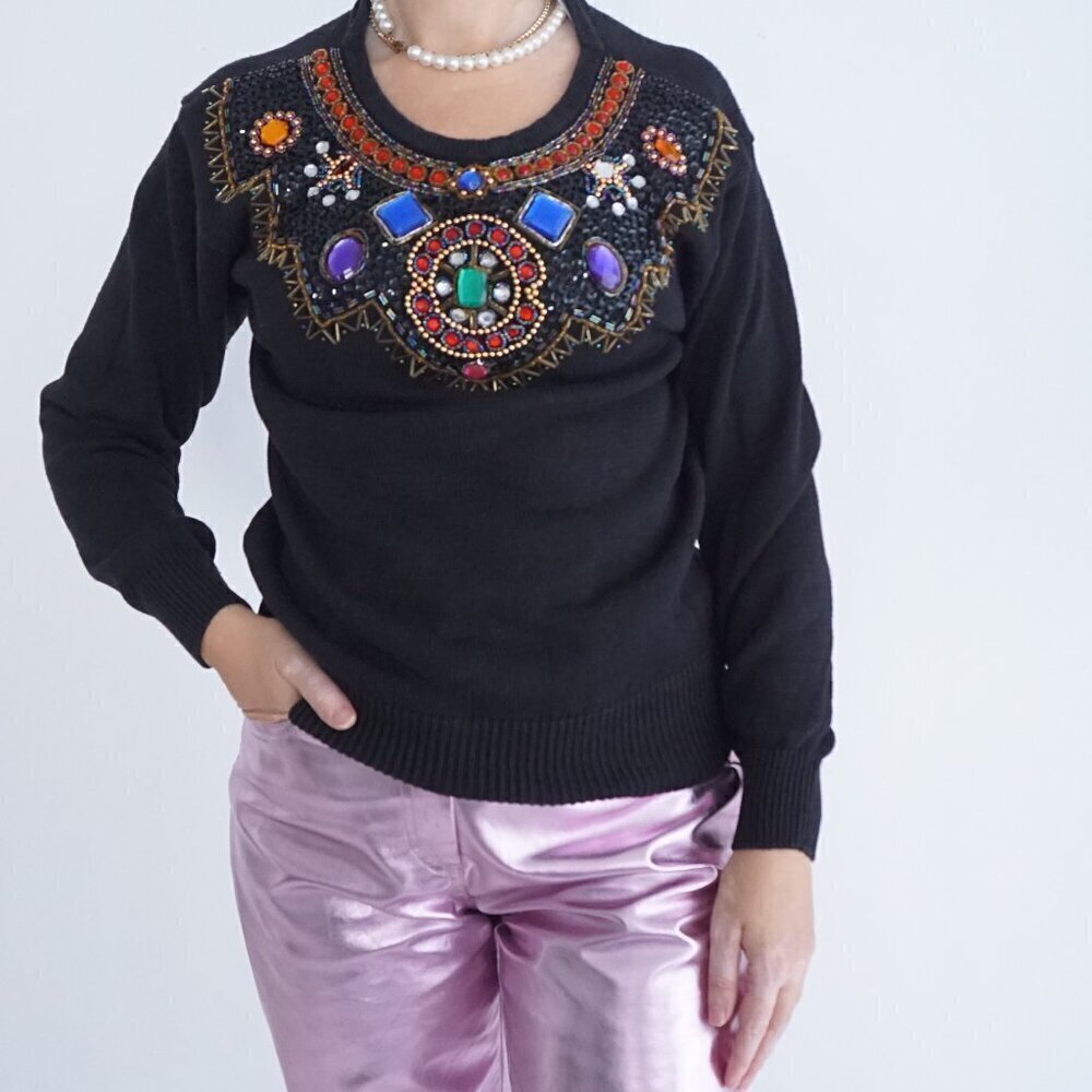 Vintage 80's Lindsay Blake Black Bedazzled Beads Neckline Scoop Neck Sweater S